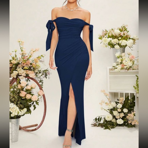 Navy blue off shoulder party formal bridesmaids prom dress - Picture 5 of 8